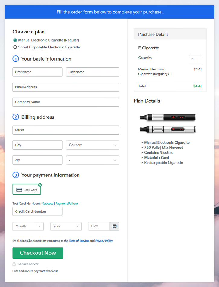 Multiplan Checkout Page to Sell E-Cigarette Online