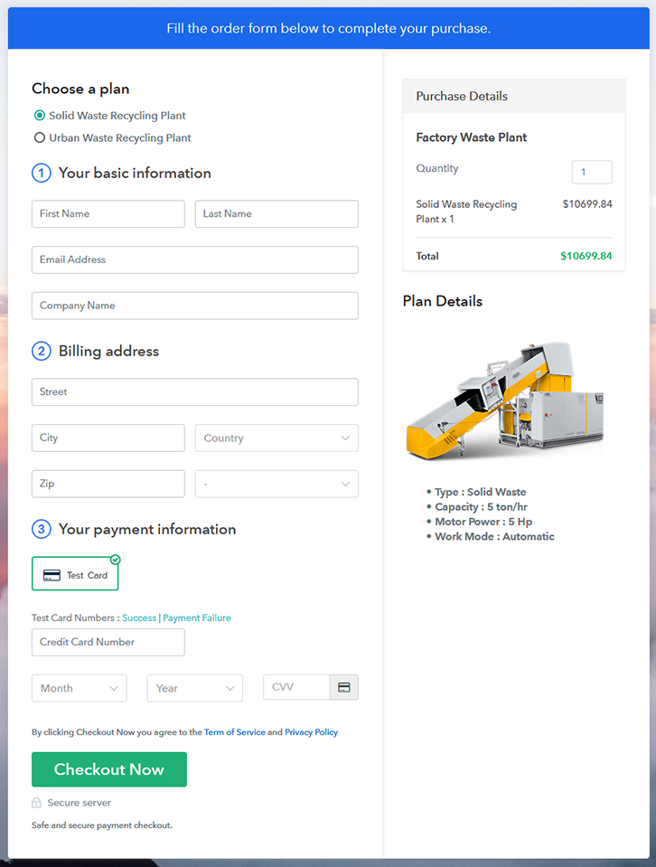 Multiplan Checkout Page to Sell Factory Waste Plant Online