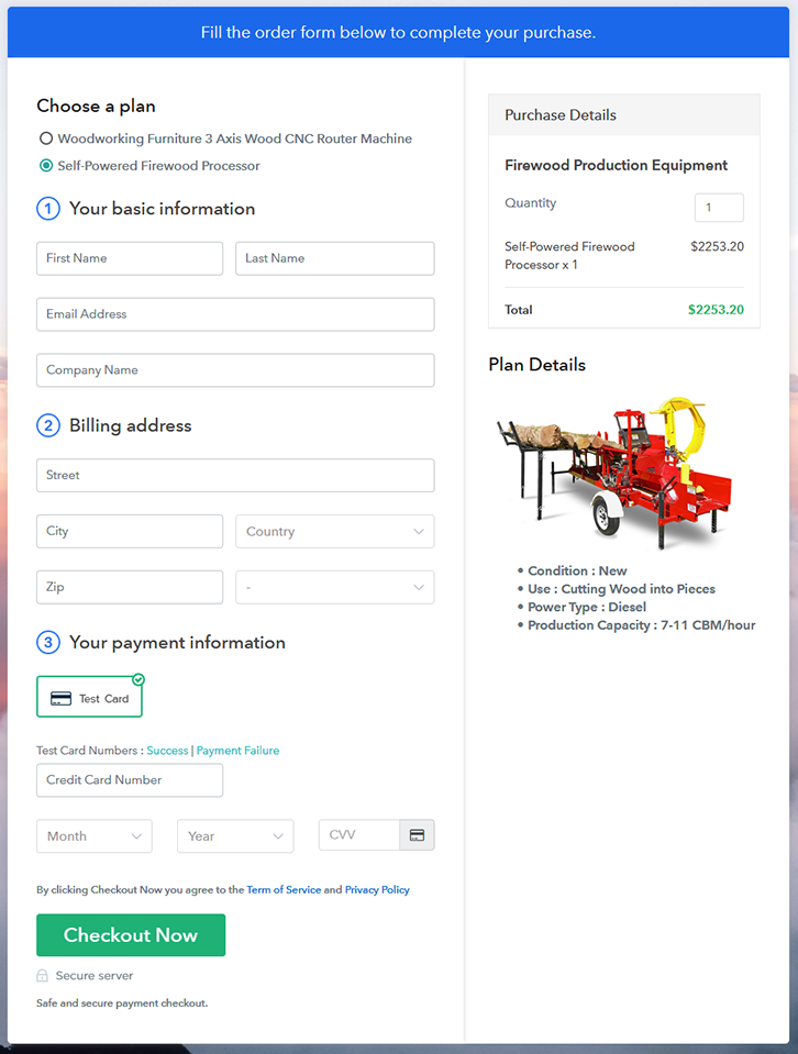 Multiplan Checkout Page to Sell Firewood Production Equipment Online