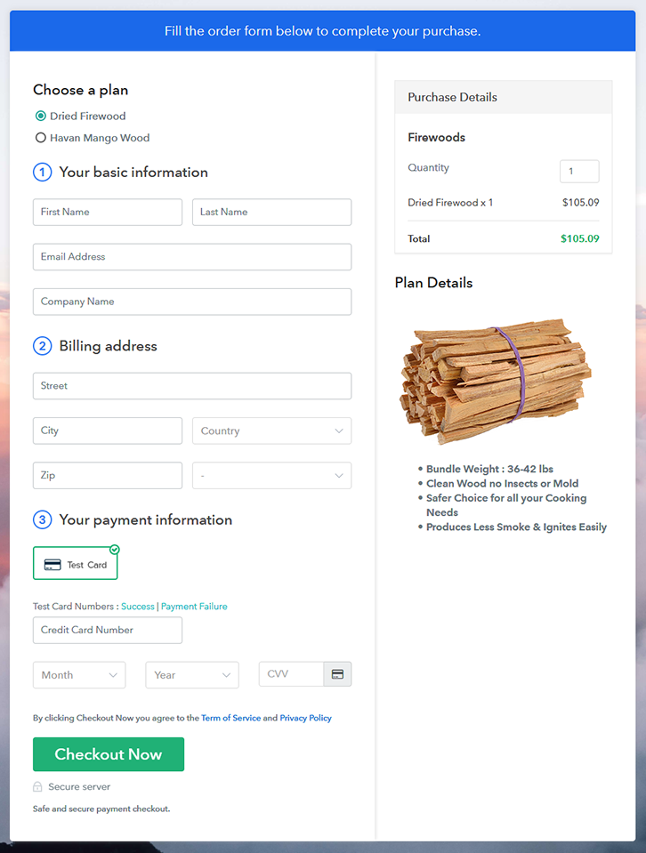 Multiplan Checkout Page to Sell Firewoods Online