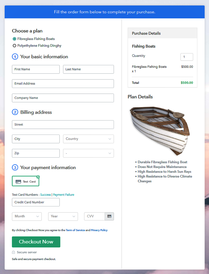 Multiplan Checkout Page to Sell Fishing Boats Online