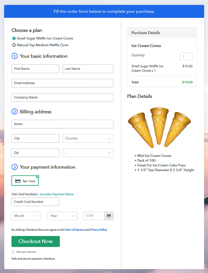 Multiplan Checkout Page to Sell Ice Cream Cones Online