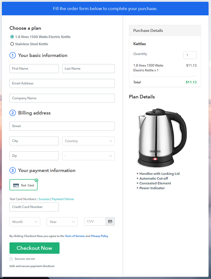 Multiplan Checkout Page to Sell Kettles Online