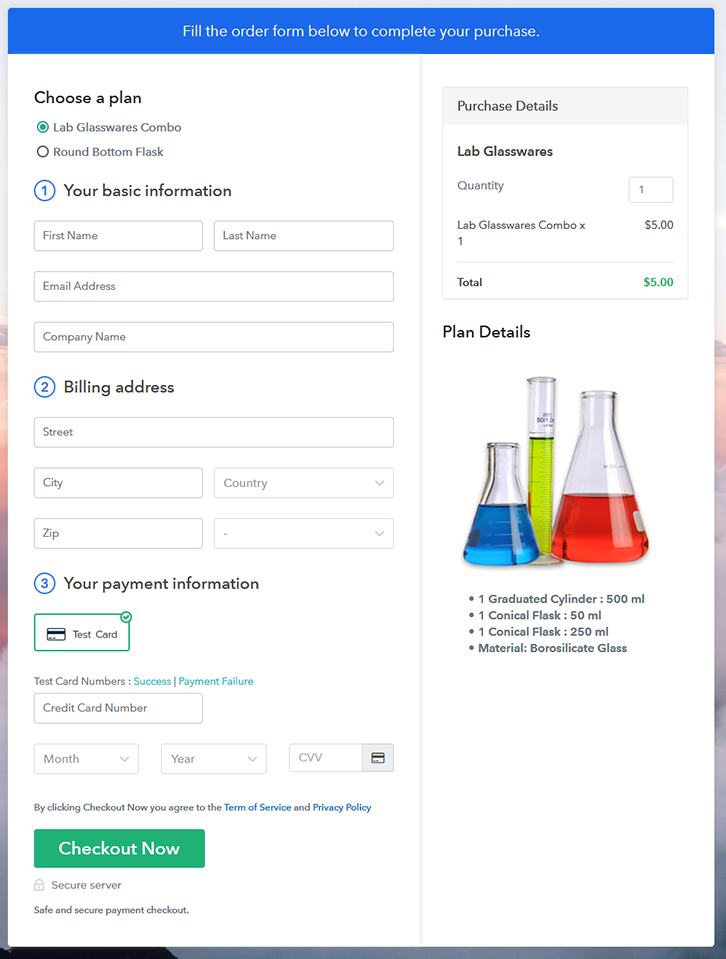Multiplan Checkout Page to Sell Lab Glasswares Online