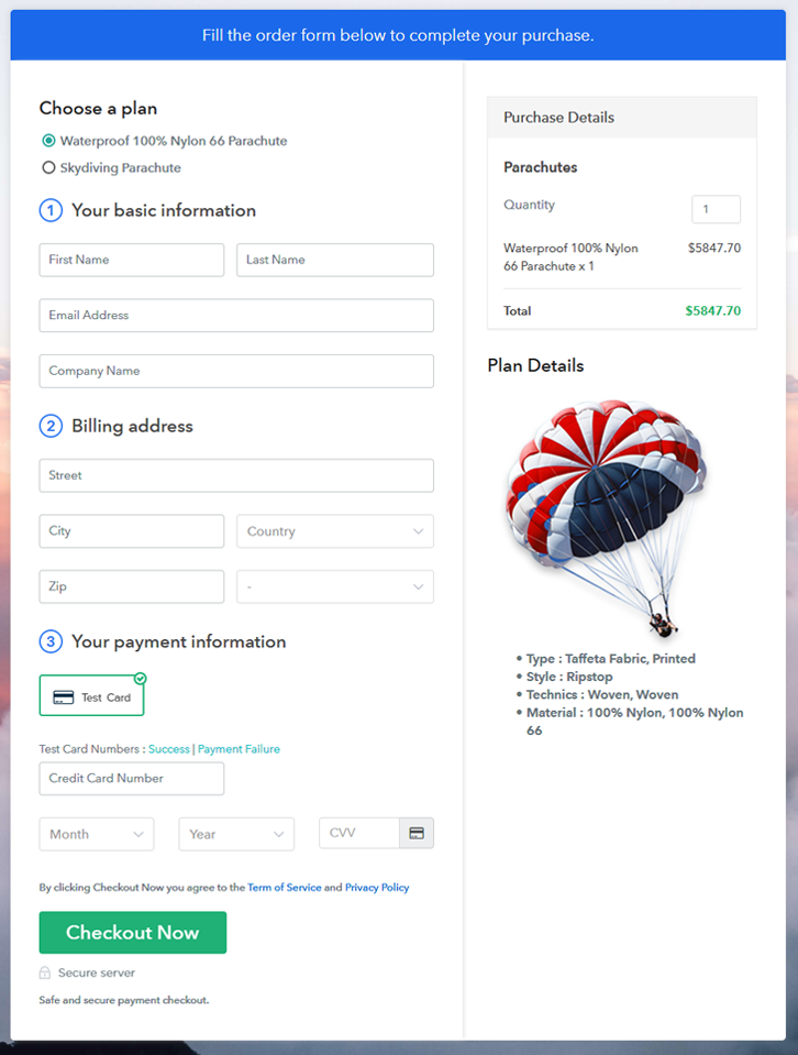 Multiplan Checkout Page to Sell Parachutes Online