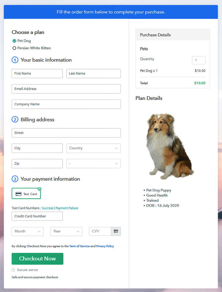 Multiplan Checkout Page to Sell Pets Online