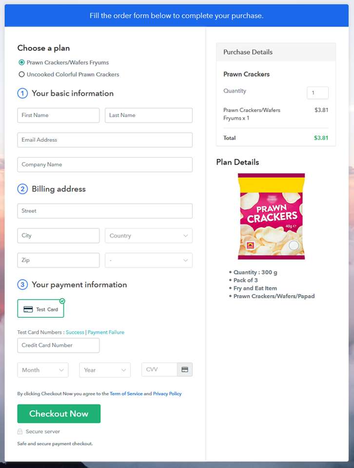 Multiplan Checkout Page to Sell Prawn Crackers Online