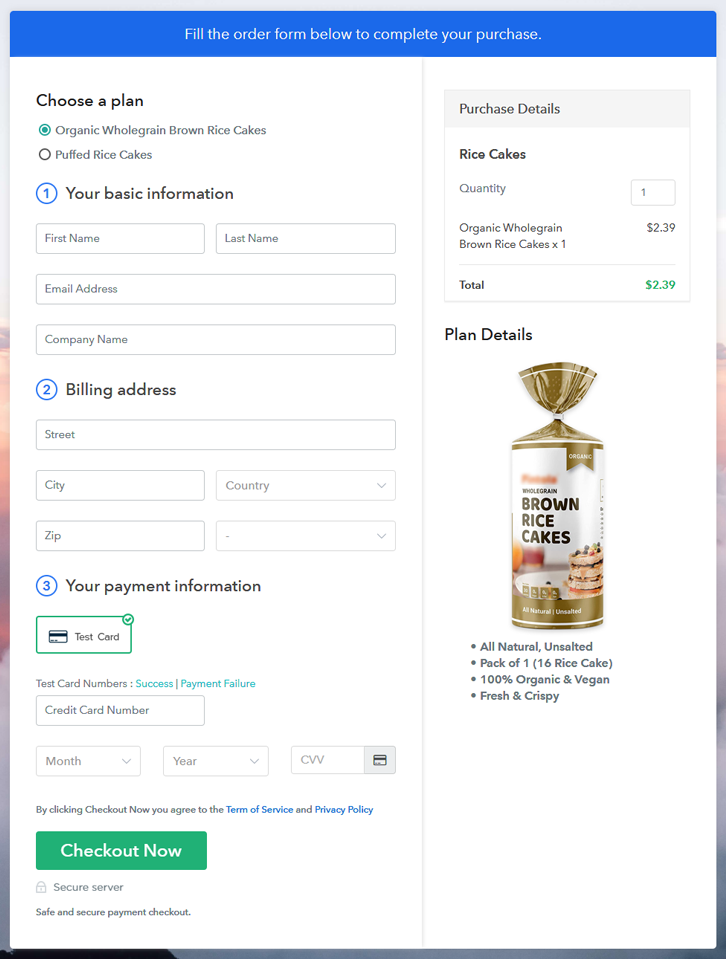 Multiplan Checkout Page to Sell Rice Cakes Online