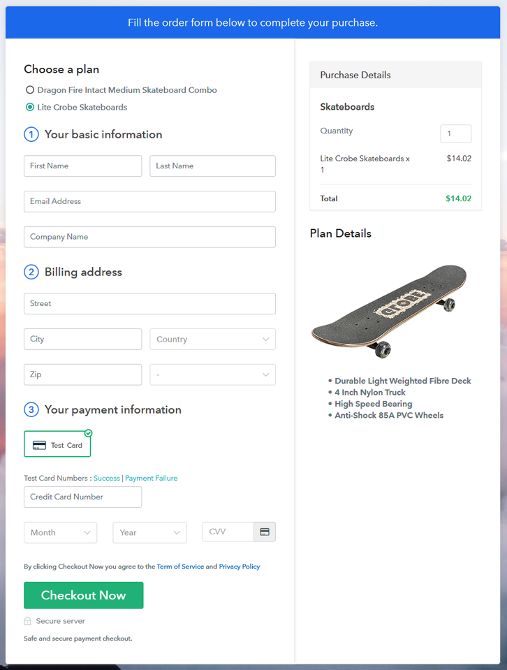 Multiplan Checkout Page to Sell Skateboards Online
