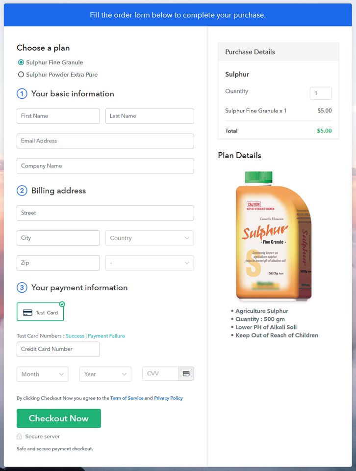 Multiplan Checkout Page to Sell Sulphur Online