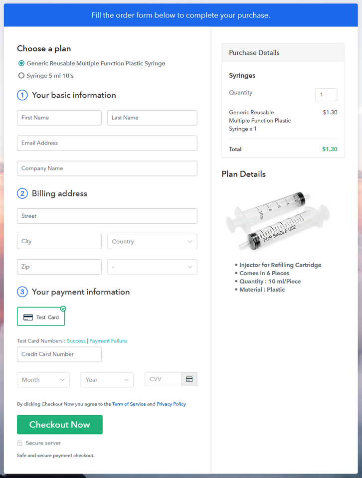 Multiplan Checkout Page to Sell Syringes Online