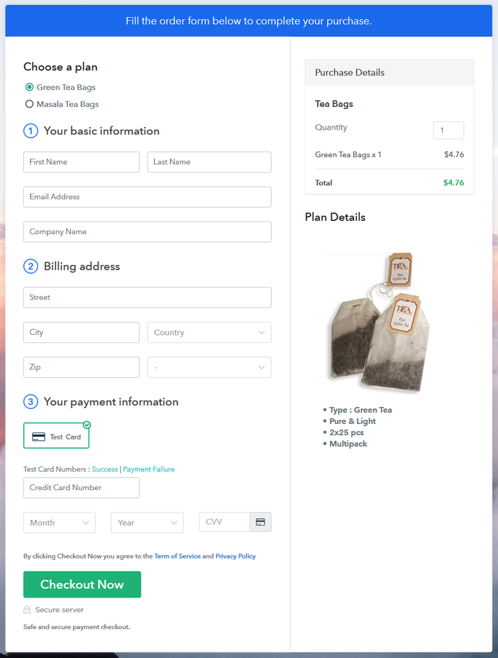 Multiplan Checkout Page to Sell Tea Bags Online