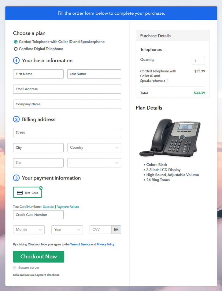 Multiplan Checkout Page to Sell Telephones Online