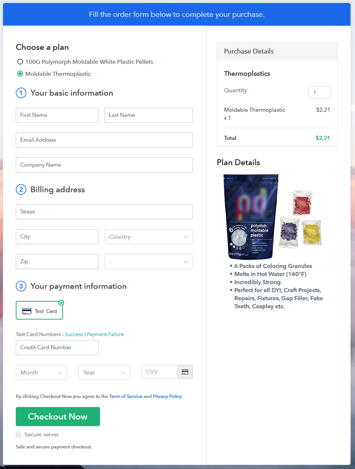 Multiplan Checkout Page to Sell Thermoplastics Online
