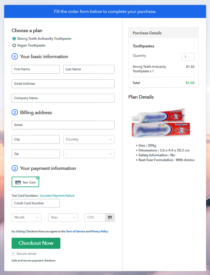 Multiplan Checkout Page to Sell Toothpastes Online