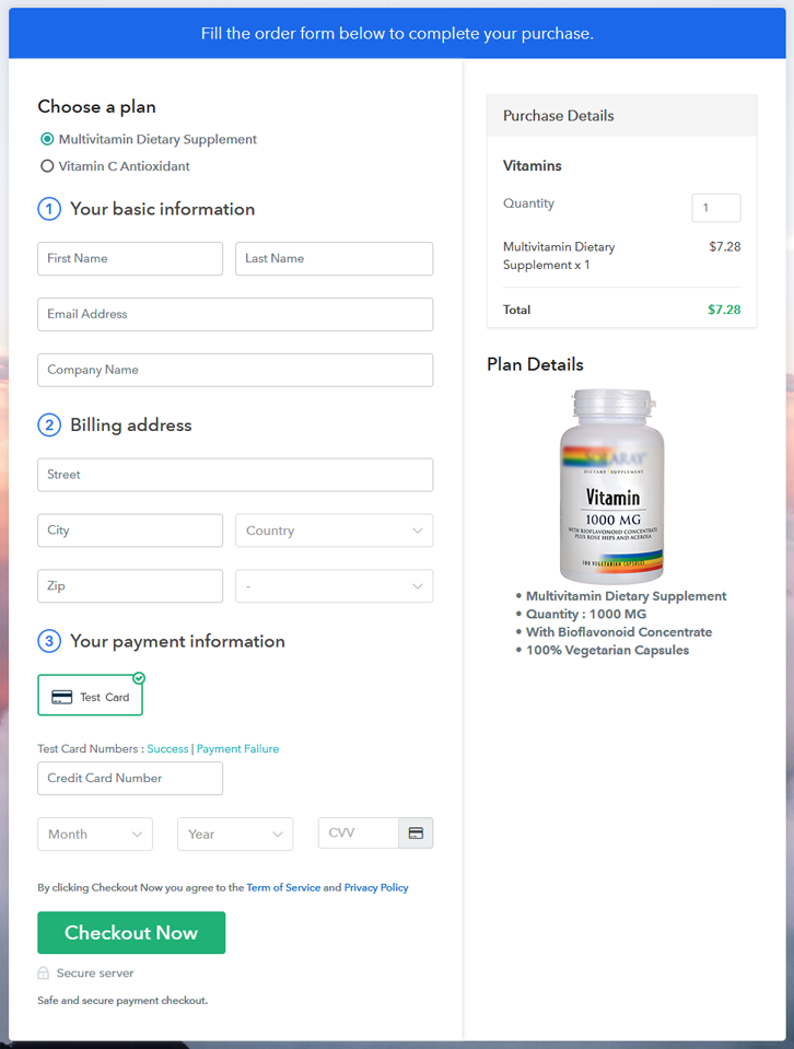 Multiplan Checkout Page to Sell Vitamins Online
