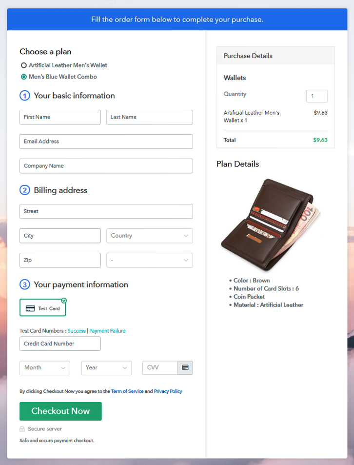 Multiplan Checkout Page to Sell Wallets Online