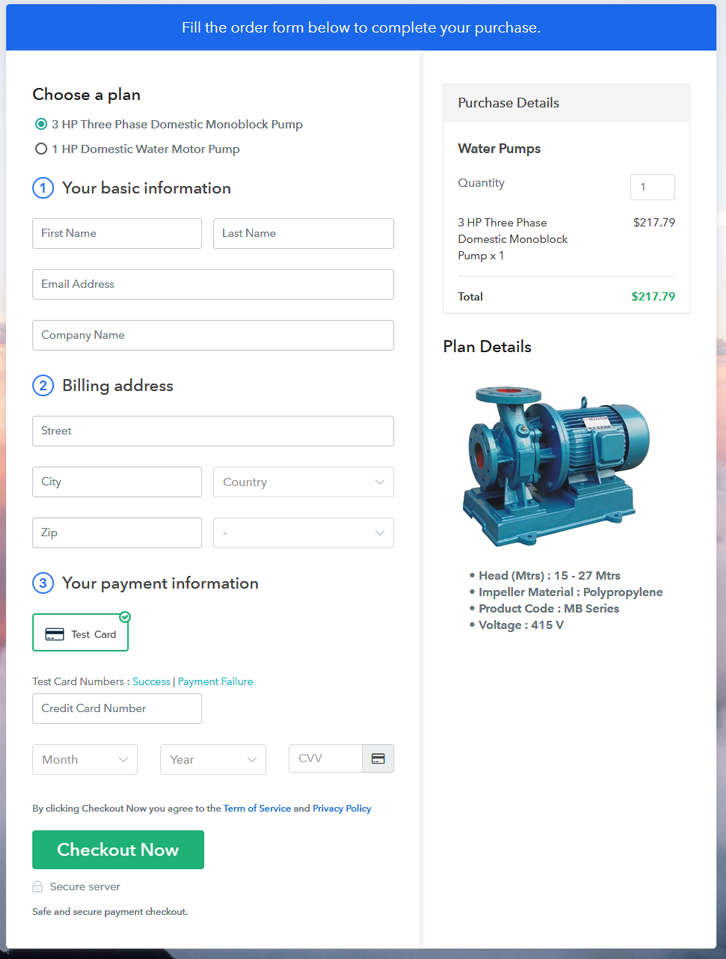 Multiplan Checkout Page to Sell Water Pumps Online