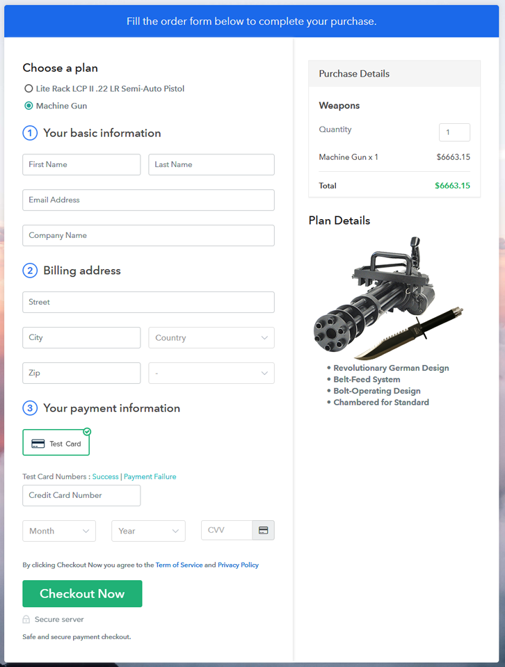 Multiplan Checkout Page to Sell Weapons Online