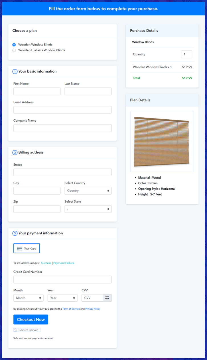 Multiplan Checkout Page to Sell Window Blinds Online