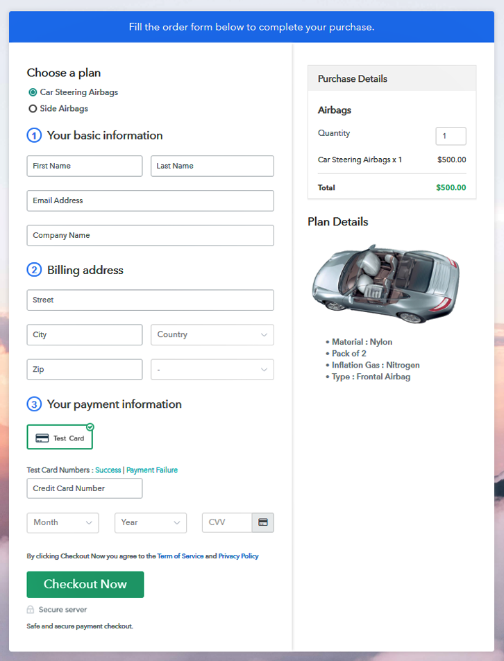 Multiplan Checkout Page to Sell Airbags Online