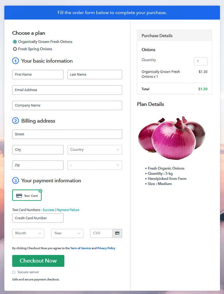 Multiplan Checkout Page to Sell Onions Online