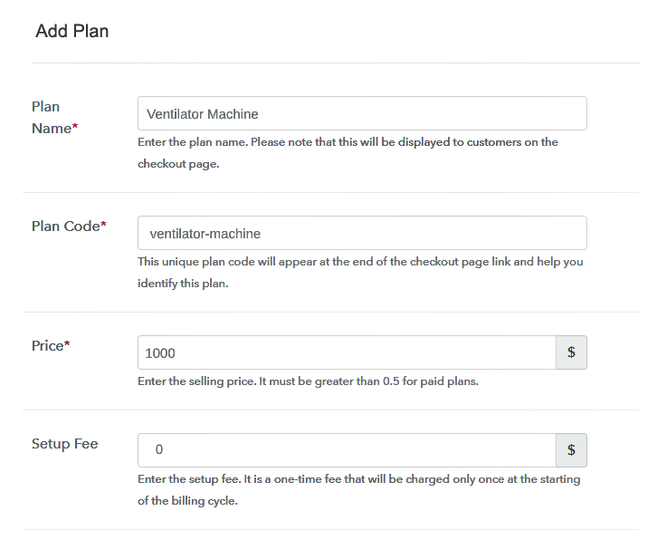 Specify the Plan and Pricing to Sell Ventilators Online