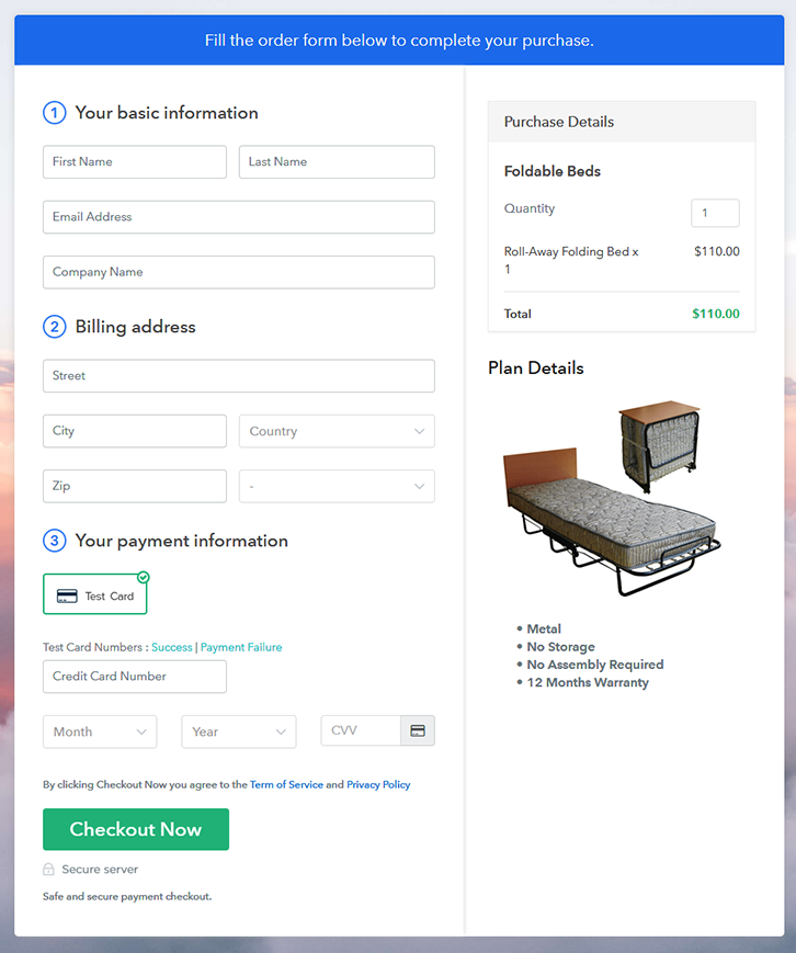 Checkout Page to Sell Foldable Beds Online