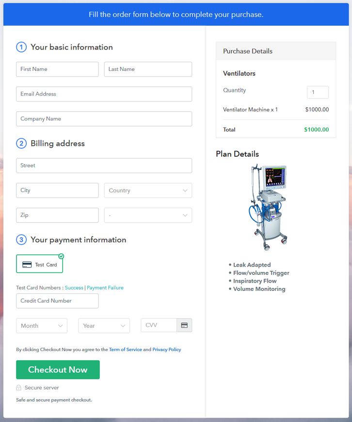 Checkout Page to Sell Ventilators Online