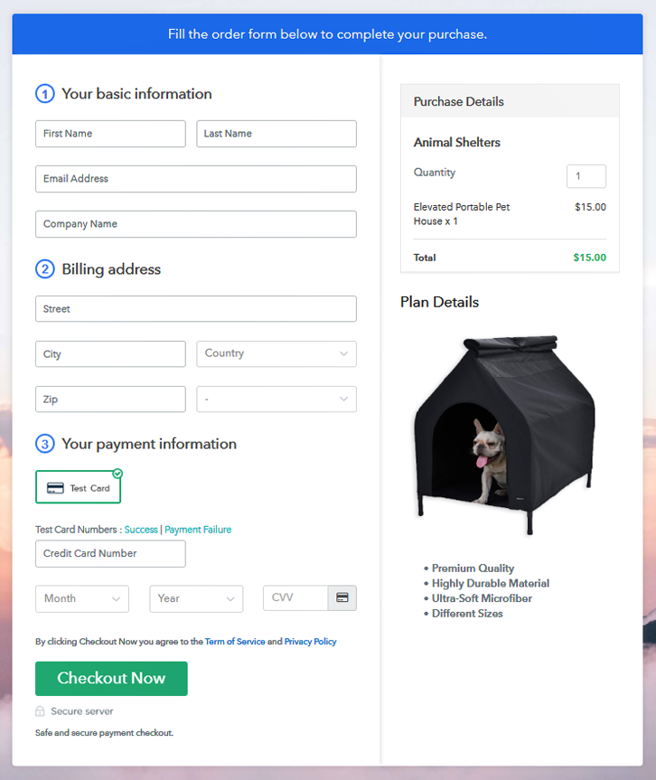 Checkout Page to Sell Animal Shelters Online