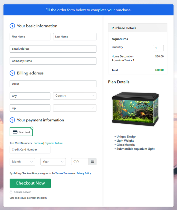 Checkout Page to Sell Aquariums Online