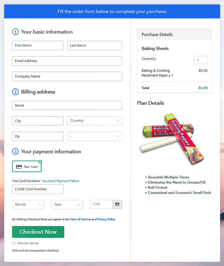 Checkout Page to Sell Baking Sheets Online