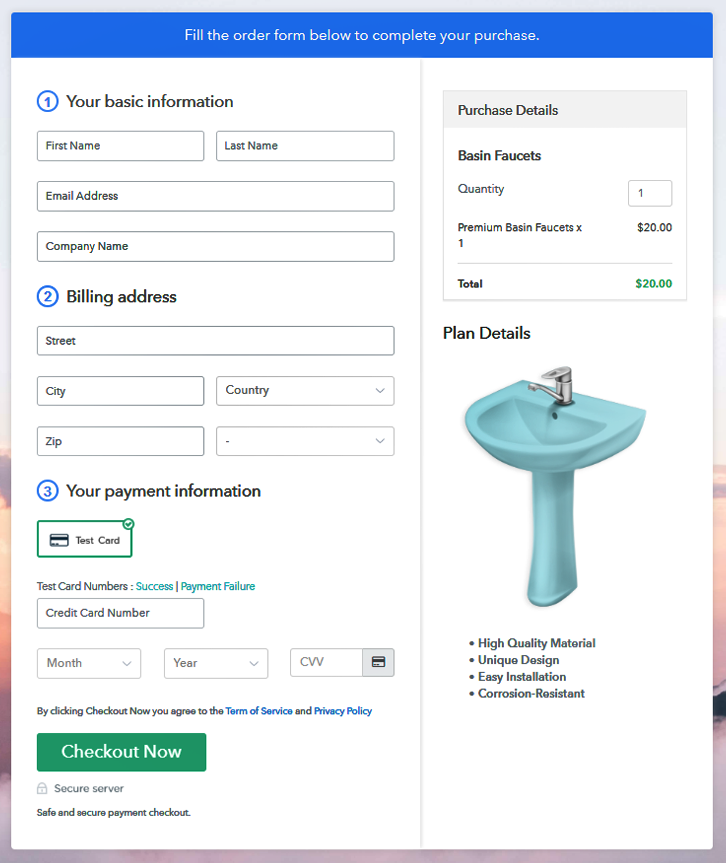 Checkout Page to Sell Basin Faucets Online