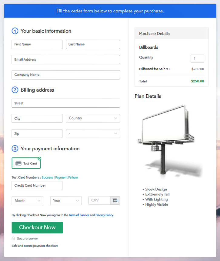 Checkout Page to Sell Billboards Online