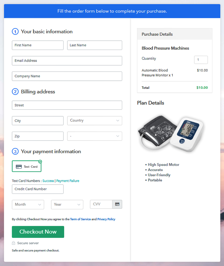 Checkout Page to Sell Blood Pressure Machines Online