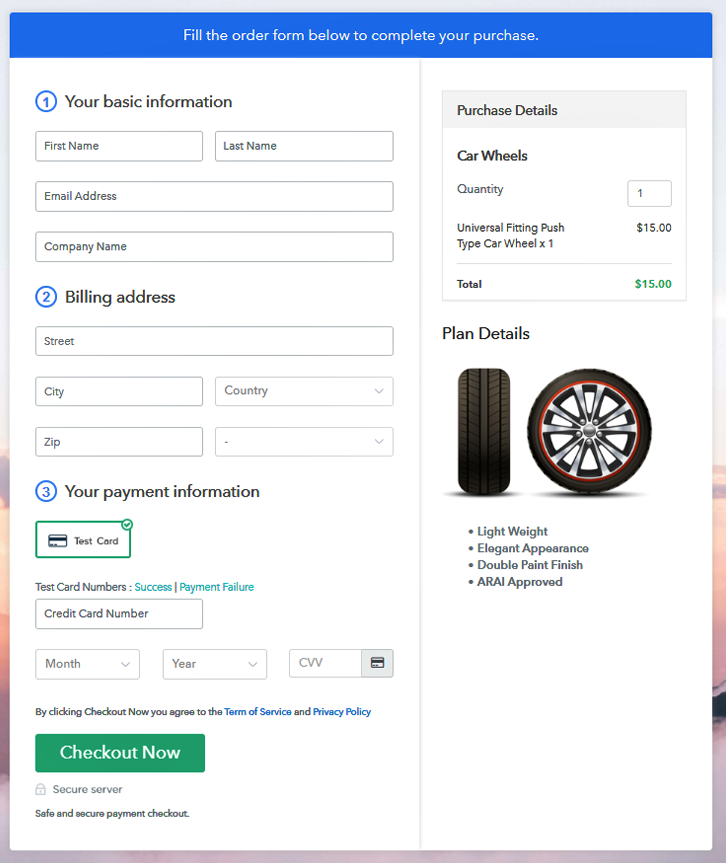 Checkout Page to Sell Car Wheels Online