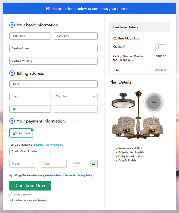 Checkout Page to Sell Ceiling Materials Online