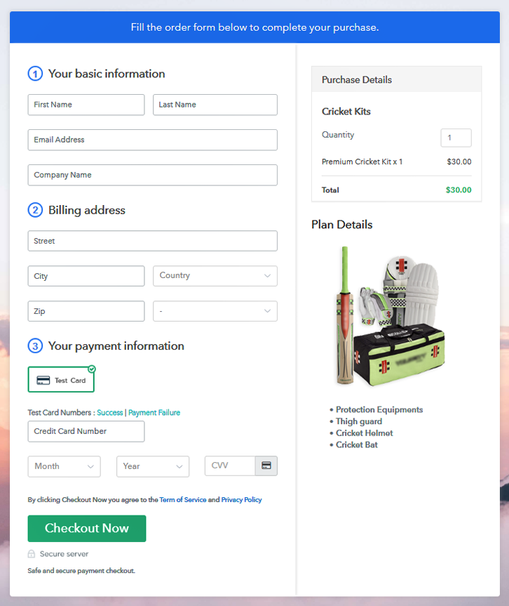 Checkout Page to Sell Cricket Kits Online