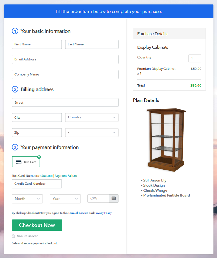 Checkout Page to Sell Display Cabinets Online