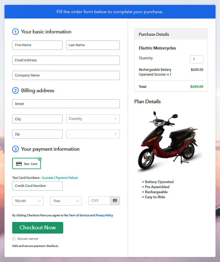 Checkout Page to Sell Electric Motorcycles Online