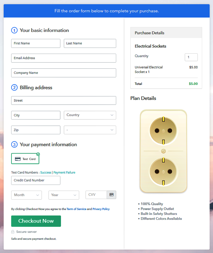 Checkout Page to Sell Electrical Sockets Online