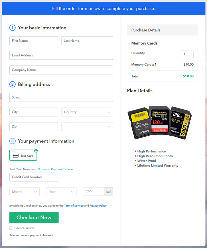 Checkout Page to Sell Memory Cards Online