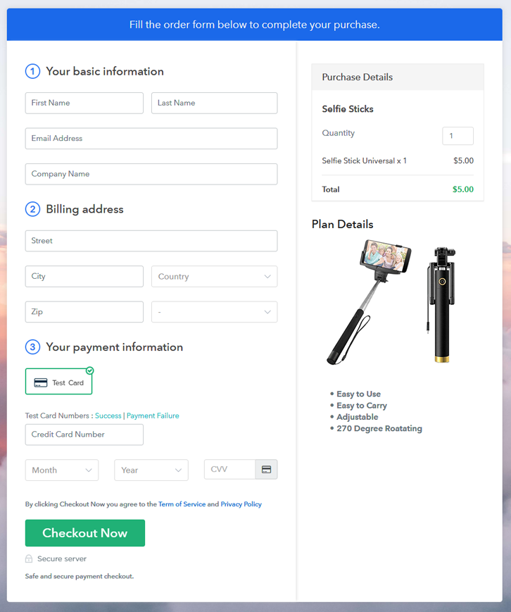 Checkout Page to Sell Selfie Sticks Online