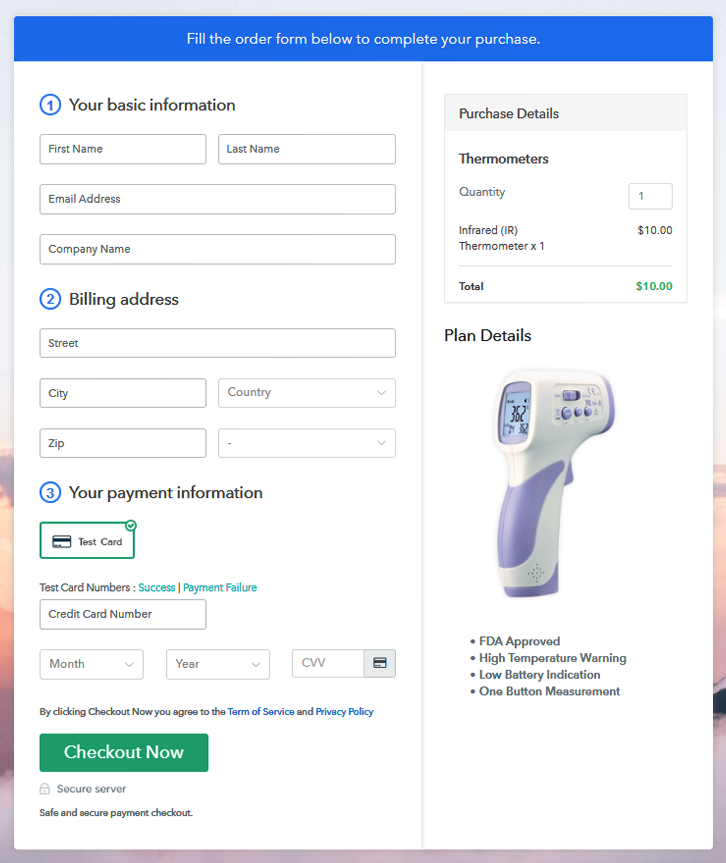 Checkout Page to Sell Thermometers Online