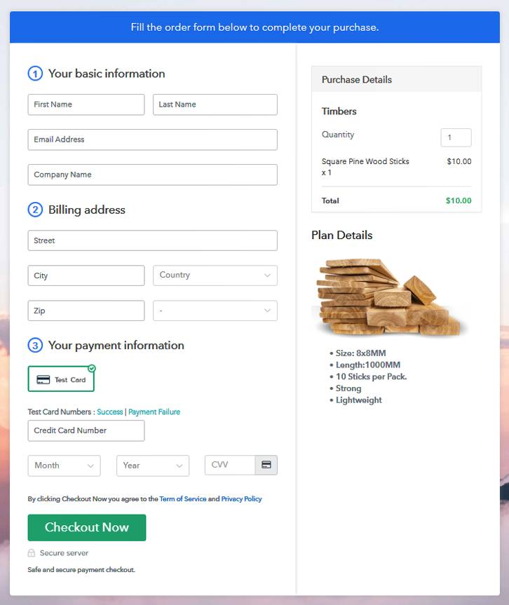 Checkout Page to Sell Timbers Online