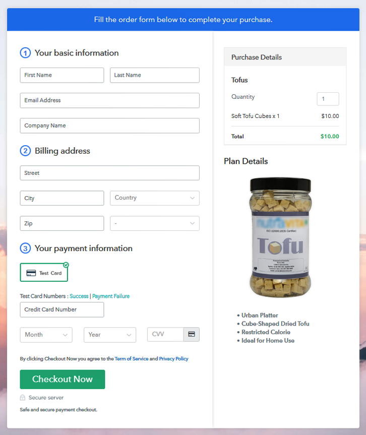 Checkout Page to Sell Tofus Online