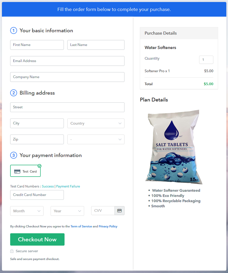 Checkout Page to Sell Water Softeners Online