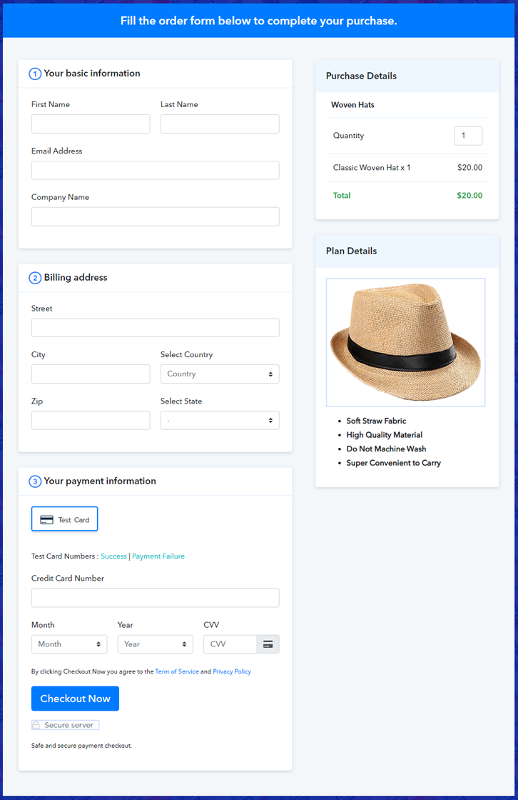 Checkout Page to Sell Woven Hats Online