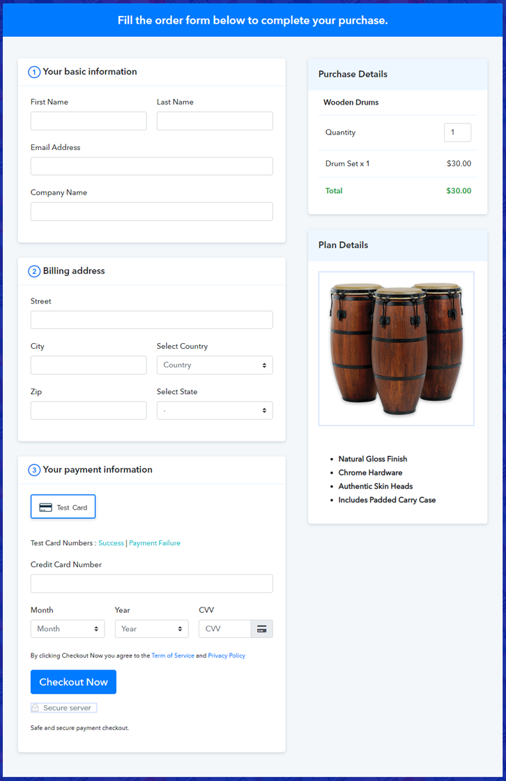 Checkout Page to Sell Wooden Drums Online