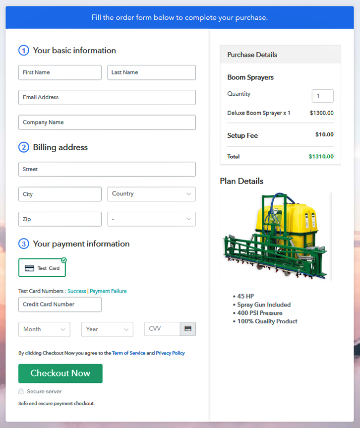 Checkout Page to Sell Boom Sprayers Online